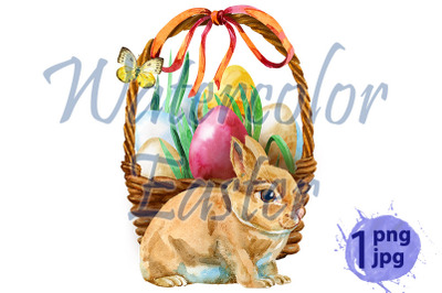 Watercolor illustration of beige rabbit and easter basket