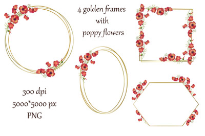 golden frames with watercolor red poppies flowers