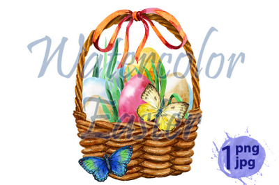 Watercolor illustration of easter basket with butterflies