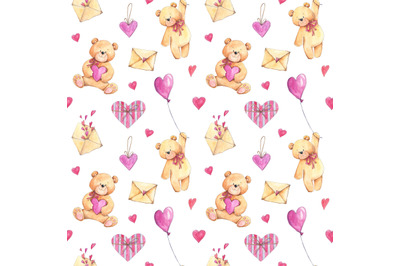 Love seamless pattern with teddy bears, balloons, hearts, letters