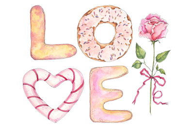 Word (letters) LOVE with a rose in watercolor sketching style