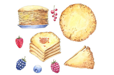 Russian pancake week set with pancakes, caviar, berries - Maslenitsa