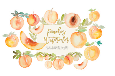 Greenery peaches watercolor clipart&2C; summer peaches clipart