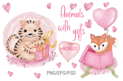 Animals with gifts. Free BONUS. Valentine&#039;s Day