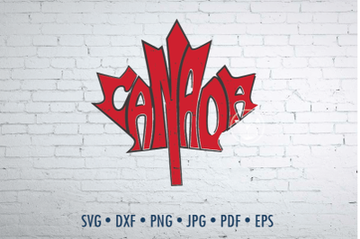 Canada Word Art in maple leaf shape with black outline, Svg Dxf Png