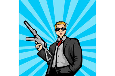 Gangster with machine gun pop art style vector illustration