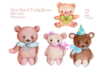 New Set of Teddy Bears. Watercolor.