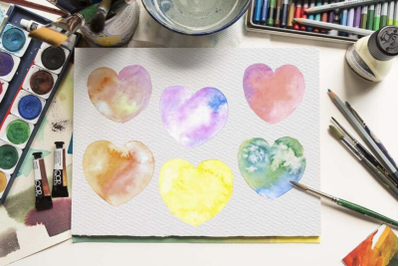 Watercolor Heart Clipart, Hand painted Multicolored Hearts