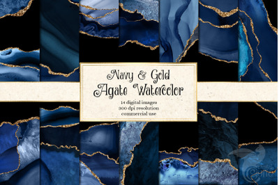 Navy and Gold Agate Watercolor Textures