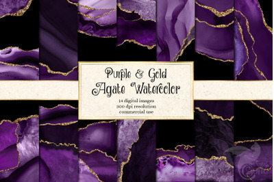 Purple and Gold Agate Watercolor Textures