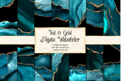 Teal and Gold Watercolor Agate Textures