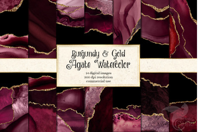 Burgundy and Gold Agate Watercolor Backgrounds