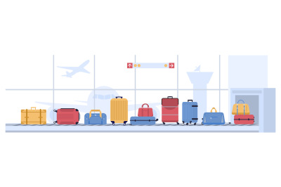 Luggage airport carousel. Baggage suitcases scanning, luggage conveyor