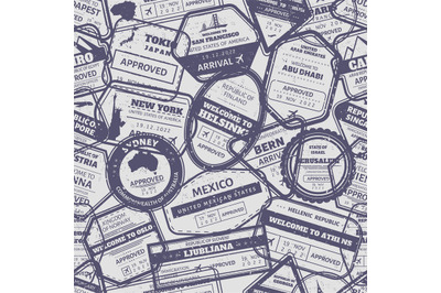 Travel stamp seamless pattern. Vintage visa international arrived stam