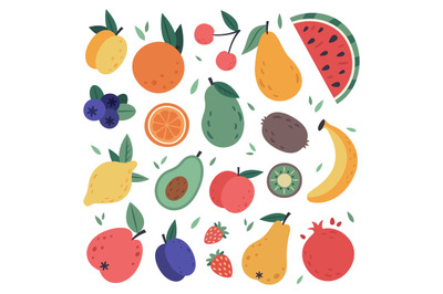 Hand drawn fruits. Doodle harvest, citrus, avocado and apple, natural