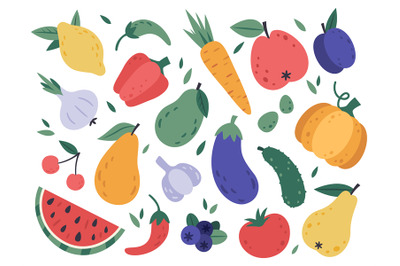 Hand draw fruits and vegetables. Doodle organic vegan vegetables, toma