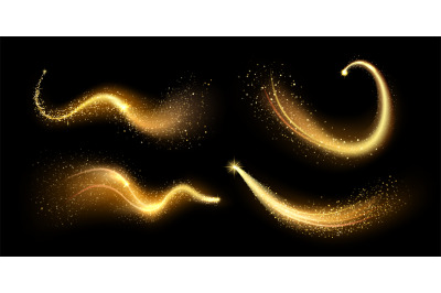 Magical gold sparkles dust. Golden lighting sparkle trail, glittering