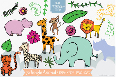 Colored Jungle Animals Doodles | Hand Drawn Tropical leaves