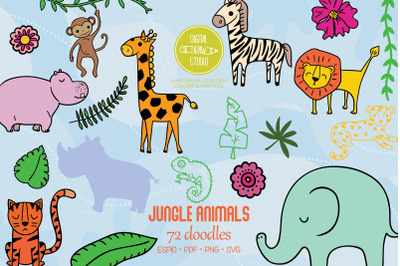 Colored Jungle Animals Doodles | Hand Drawn Tropical leaves