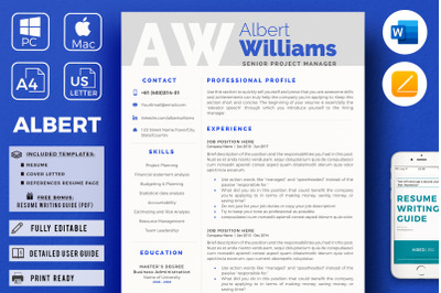 Professional Resume Template; Modern CV  for Word &amp;  Pages