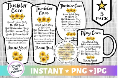 Tumbler Care Card Pack, PNG, Print and Cut, Sunflower Design