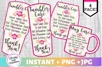 Tumbler Care Card Pack, PNG, Print and Cut, Pink Tropical
