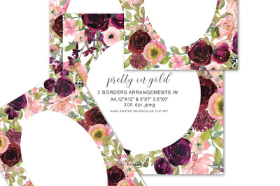 Blush Burgundy and Gold Flowers Watercolor Border Arrangements