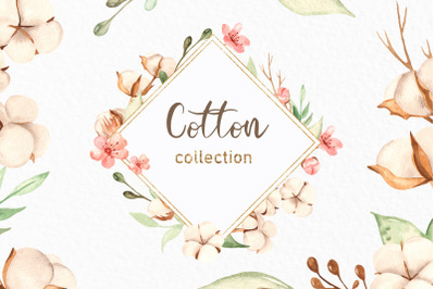 Cotton watercolor collection. Clipart, frames, wreaths, patterns