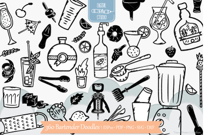 Bartender Doodles | Hand Drawn Bar tending tools | Glasses &amp; Bottles