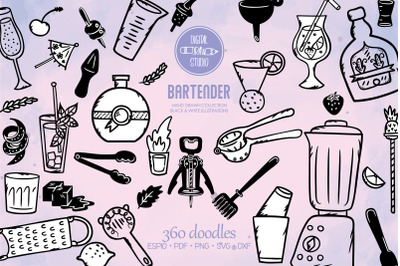 Bartender Doodles | Hand Drawn Bar tending tools | Glasses &amp; Bottles