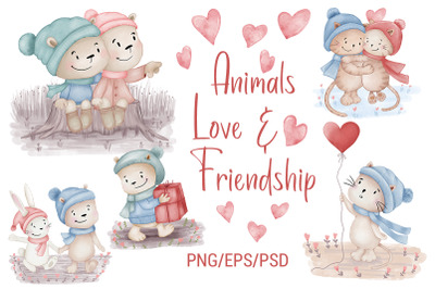 Animals Love. Friendship. Tiger. Teddy Bear. Cat. Rabbit