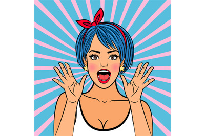 Amazed pop art woman portrait