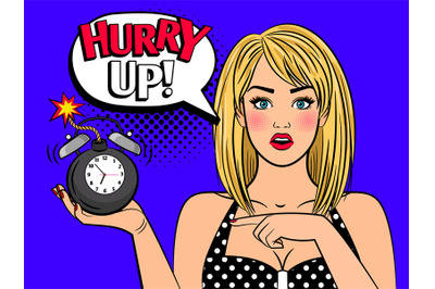 Pop art woman with alarmclock bomb