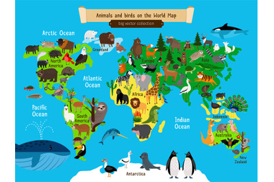 World Map Animals. Europe and Asia&2C; South and North America&2C; Australia