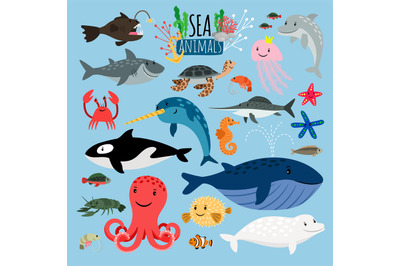 Sea Animals. Vector underwater animal creatures and fish in sea, sword