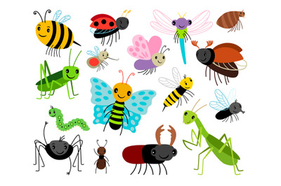 Cartoon insects. Vector cute insect collection&2C; fly and ladybug&2C; manti