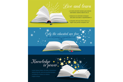 Books reading banners. Open book with stars and magic glow and text ve