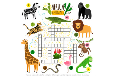 Crossword africa animals. Kids zoo african crossword for school childr