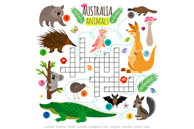 Australian animals crossword. Kids words brainteaser, word search puzz