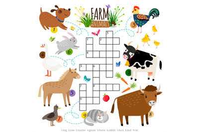 Farm animals crossword. Kids crossing word search puzzle game with cat