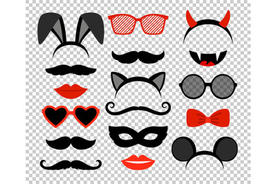 Funny masks. Masquerade mask set, glasses and mustache, rabbit and mou