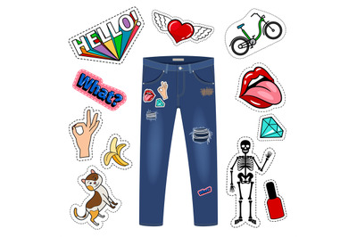 Patch on blue jeans. Fashion girl denim apparel vector patch set on wh