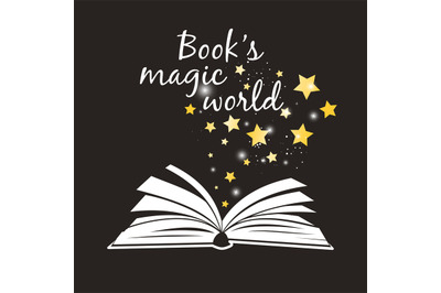 Books Magic world poster. Open book with white pages and golden magica