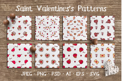 8 hand drawn seamless Valentine patterns