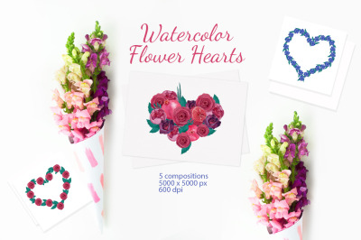 Watercolor flower hearts