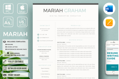 Clean &amp; Professional Resume for Microsoft Word &amp; Mac Pages + Letter