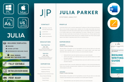 Professional Resume for Apple pages or MS Word + Matching Cover Letter