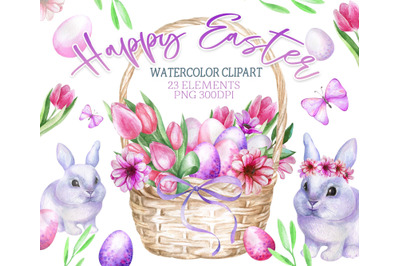 Watercolor Easter set with bunnies, eggs and flowers.
