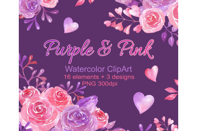 Watercolor clipart with purple and pink roses. Decor for Valentine&#039;s D