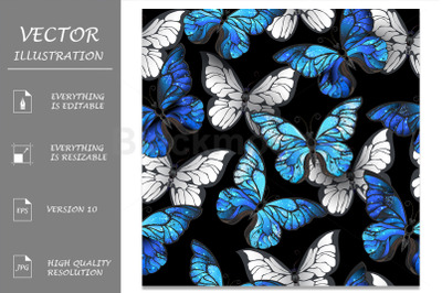 Dark Seamless Pattern with Blue Butterflies